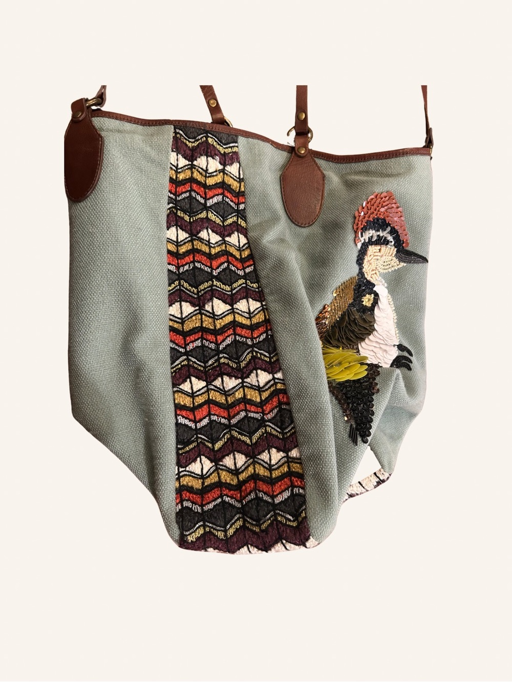 Anthropologie Jasper & Jeers Beaded Bird Tote Bag Leather Handles - Picture 11 of 12